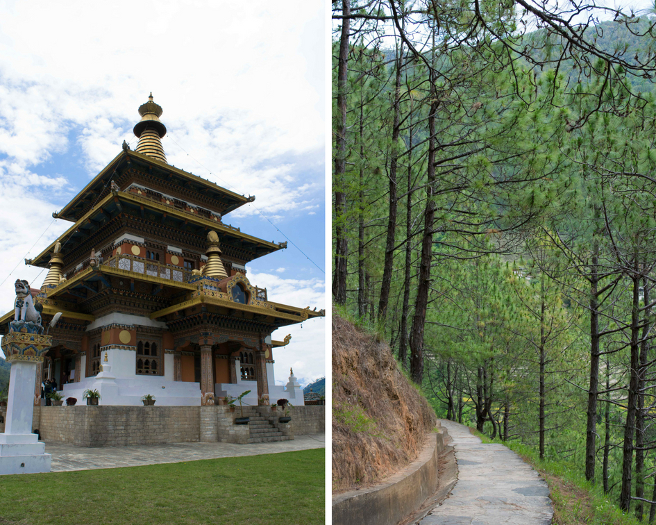 Atrações Imperdíveis no Butão. Um templo em estilo nepalês tem uma carinha mais diferente como essa ai, que sai do modelo mais quadrado do Butão. E o caminho até lá é esse desbunde...