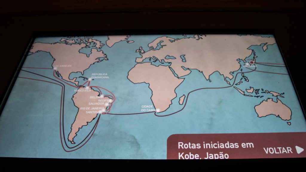 Mapa das rotas que vinham do Japão. Museu da Imigração ou Memorial do Imigrante.