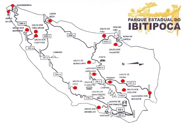 Mapa dos roteiros no Parque Estadual de Ibitipoca.