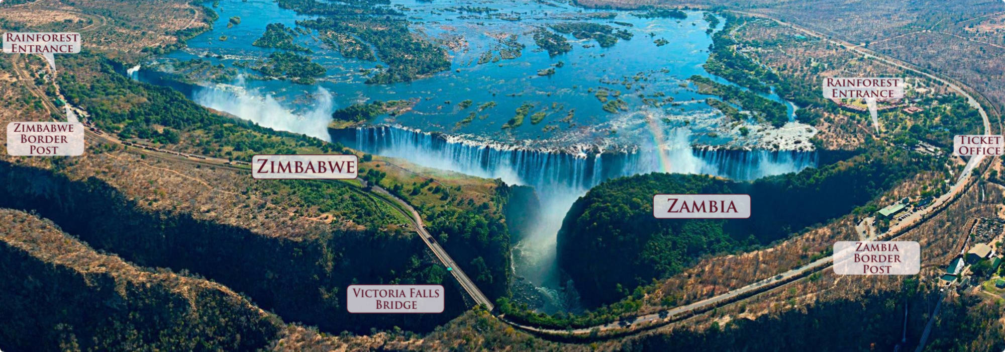 Uma ideia exata da divisão entre Zambia e Zimbabwe em Victoria Falls.