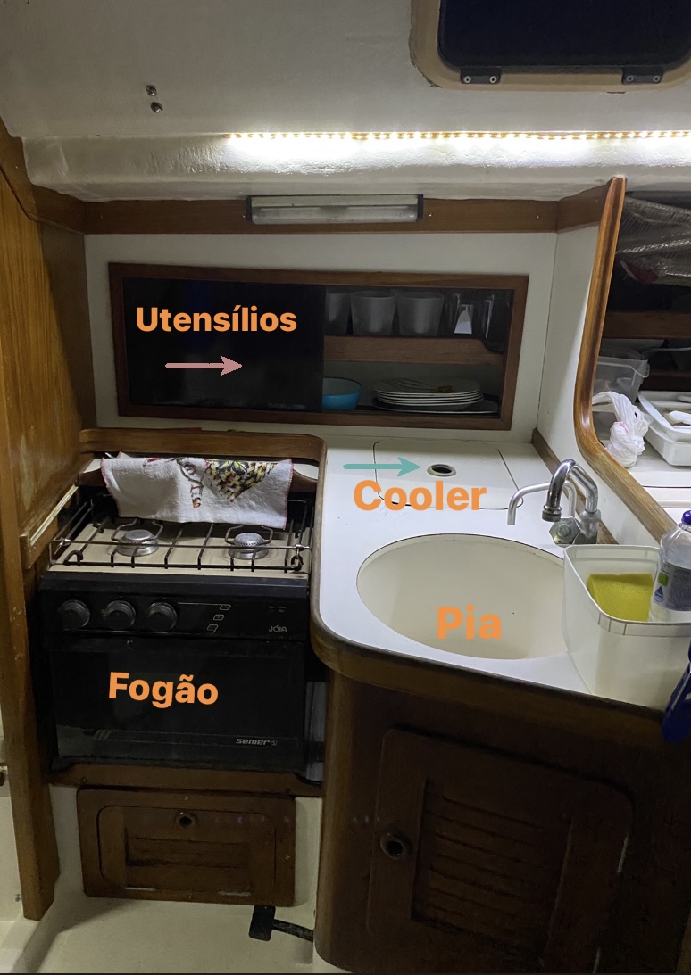 A mini cozinha do veleiro. Super prática. Hospedagem em Ubatuba. Airbnb diferentes.